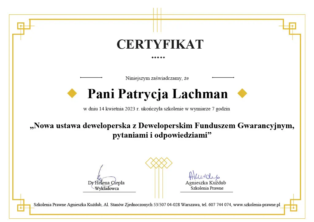nowa ustawa deweloperska deweloperski fundusz gwarancyjny certyfikat szkolenie